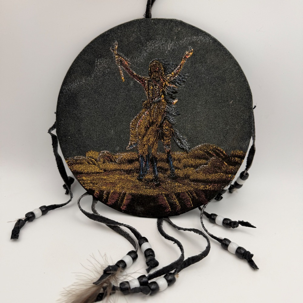 Native American Style Drum Wall Hanging Horse Warrior Beaded Fringe Southwestern